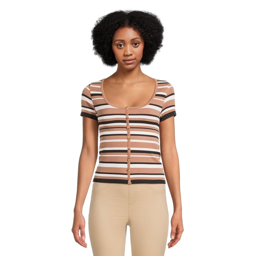 No Boundaries Juniors Seamless Button Front Tee-Winter White